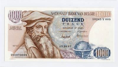 徐霞客拍卖首拍 - 250800000-015	比利时	P-136a 1967年1000法郎	10243.Y.009	unc-			比利时法郎体系中高面值经典纸币，属于比利时二战后经济复苏与欧洲一体化进程中的重要流通货币。2002年欧元启用后，比利时法郎正式退出流通，这张纸币成为了比利时告别本土货币、融入欧元区的历史见证物
