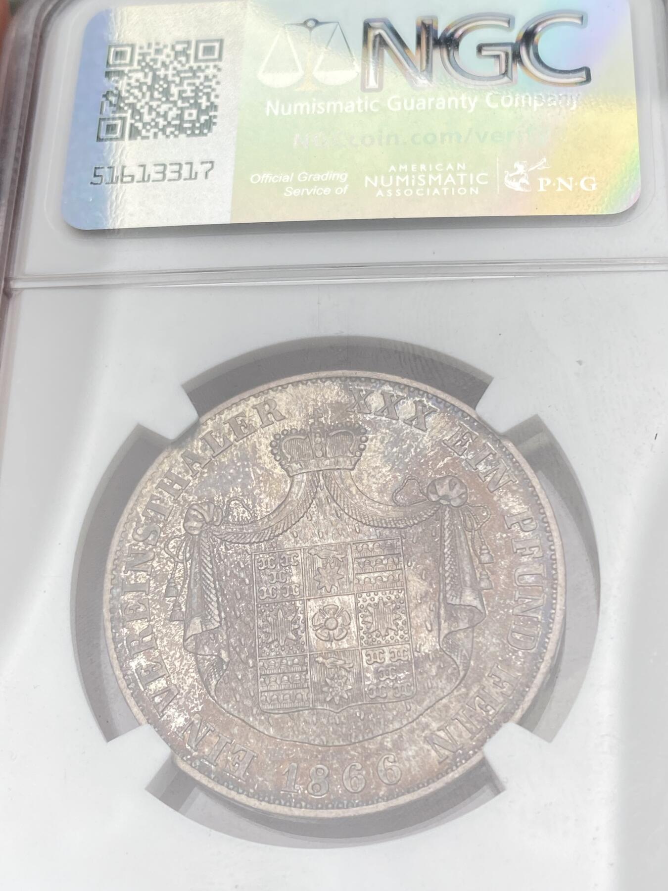 万国钱币拍卖第059期 NGC AU55 1866年德国利普-德特莫尔德盾徽流通1泰勒 稀缺小邦泰勒 18000铸造量 欧陆酱彩极美