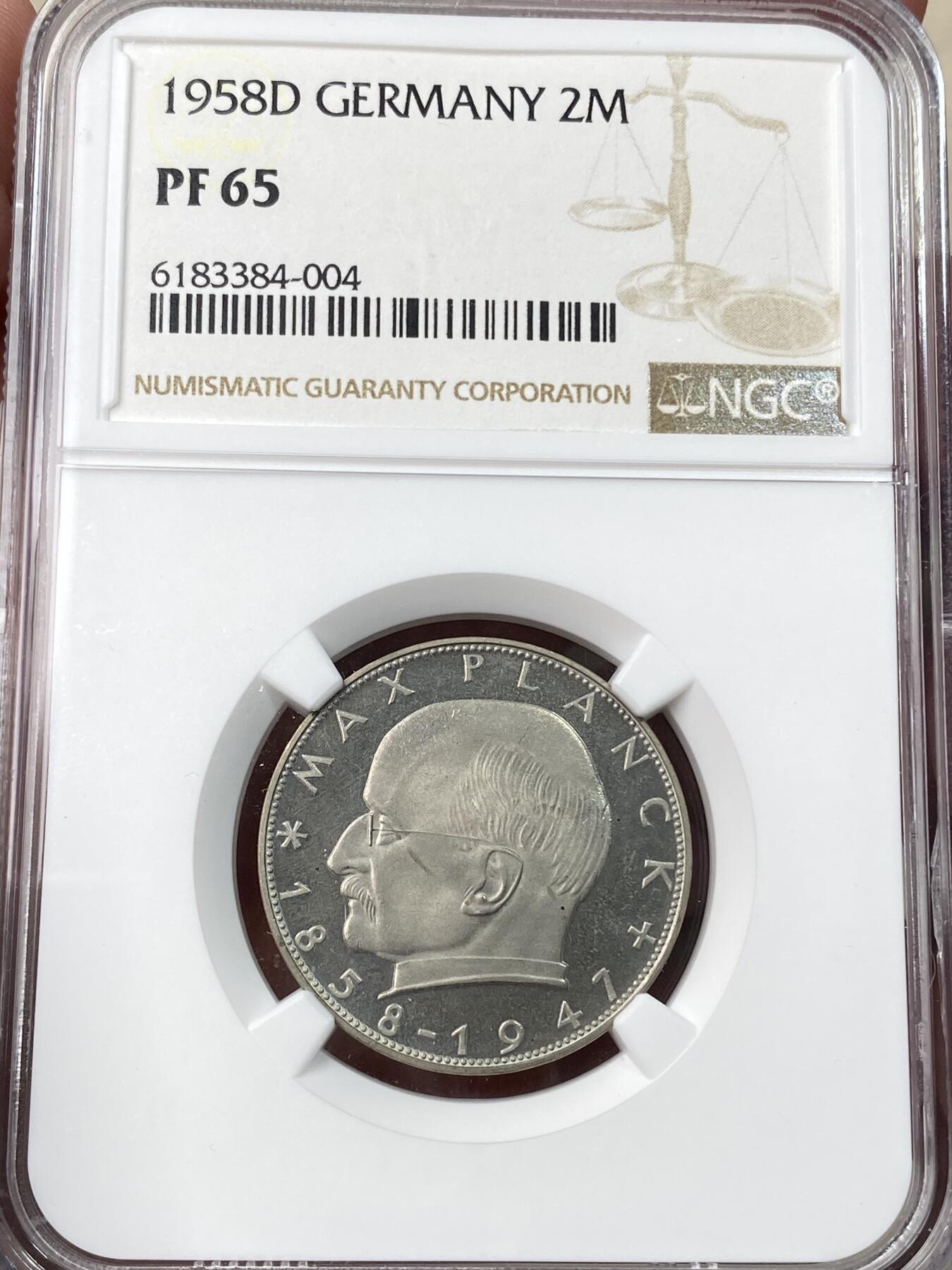 万国钱币拍卖第059期 NGC PF65 1958年德国马克斯·普朗克纪念2马克镍币 马克斯·普朗克是量子力学创始人之一 精制喷砂质感BU收藏级
