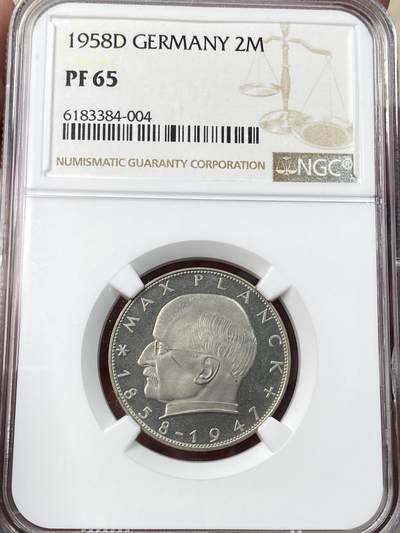 万国钱币拍卖第059期 - NGC PF65 1958年德国马克斯·普朗克纪念2马克镍币 马克斯·普朗克是量子力学创始人之一 精制喷砂质感BU收藏级