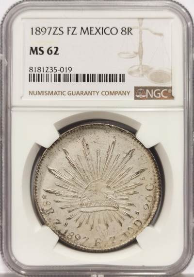 博洋堂世界钱币拍卖第158期（全场包邮） - NGC MS62 墨西哥1897年ZS FZ版花边鹰洋，鹰面绚丽彩虹包浆