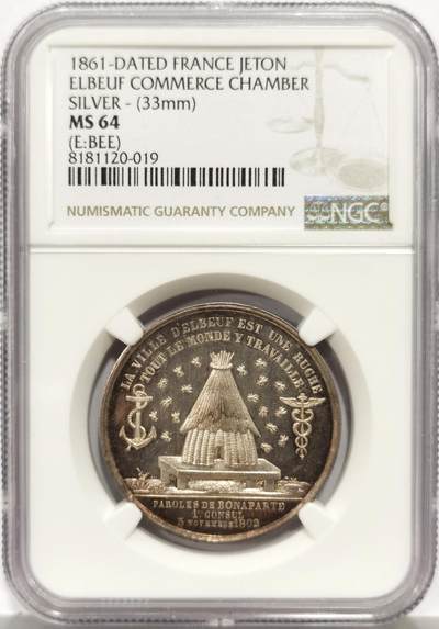 博洋堂世界钱币拍卖第158期（全场包邮） - NGC MS64 法国1861年埃尔伯夫商会银质代币