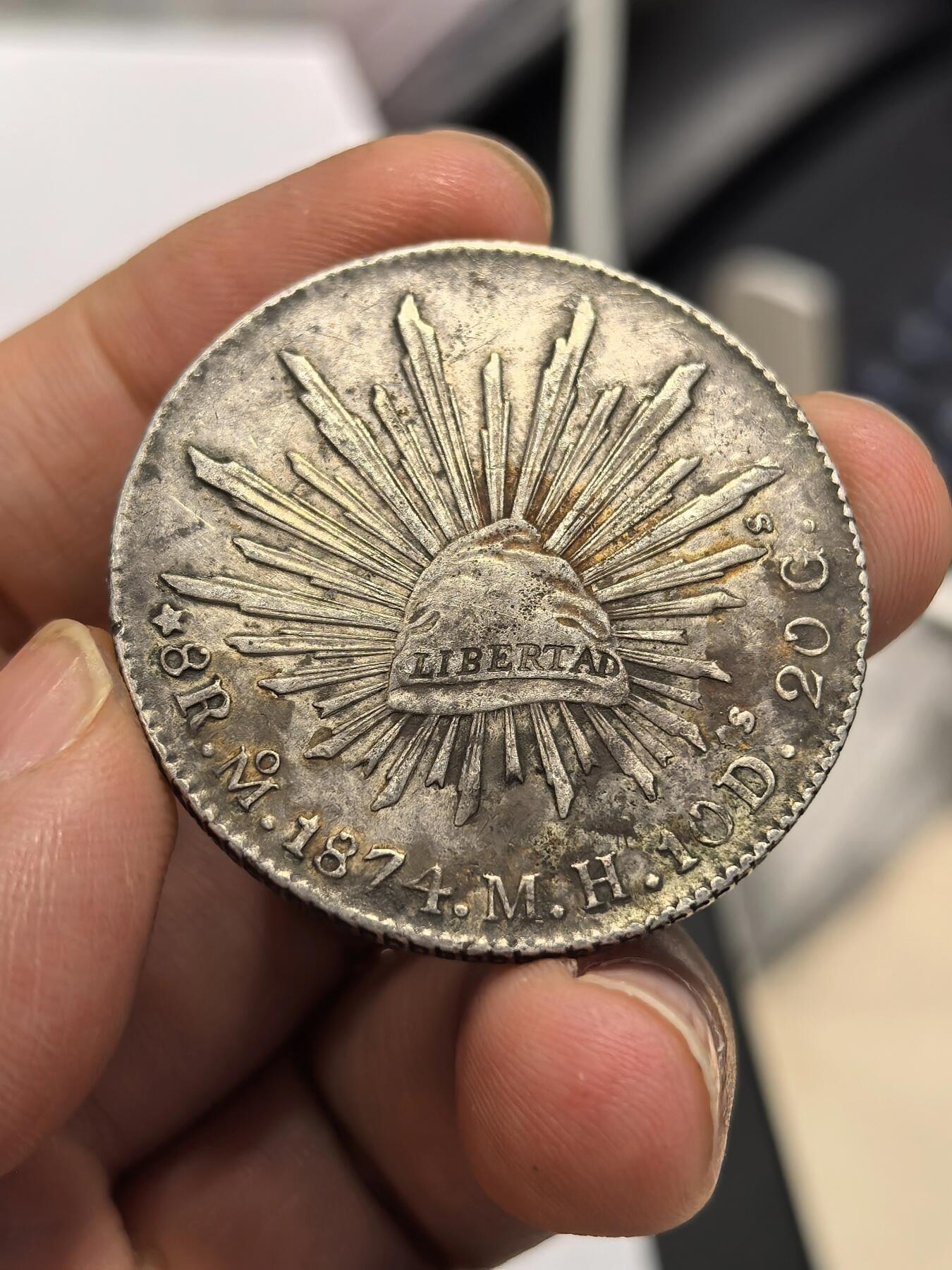 博洋堂世界钱币拍卖第158期（全场包邮） 墨西哥花边鹰洋Mo 1874 MH 8里亚尔 黑油彩包浆