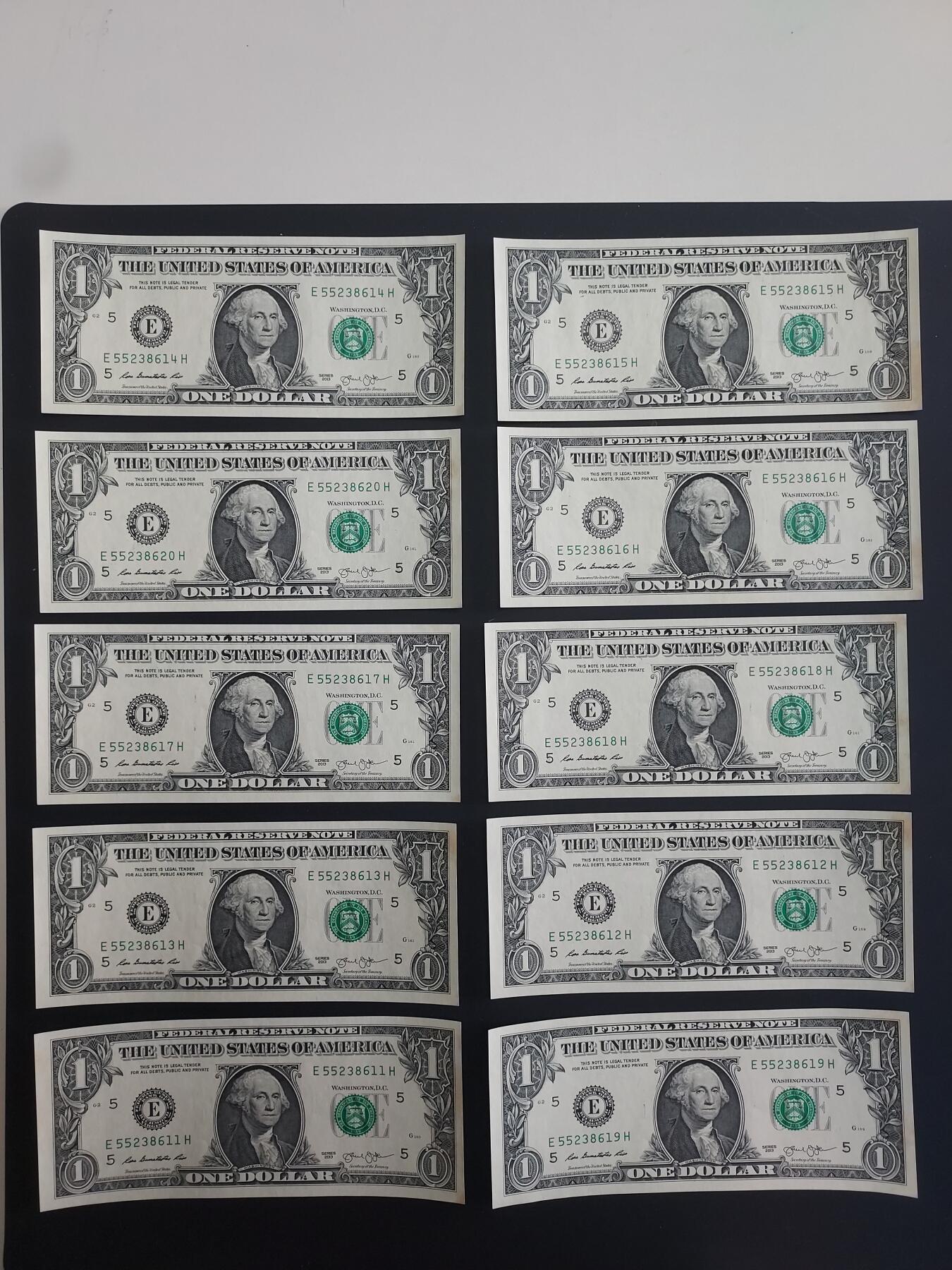 博彦收藏   1月28日 8点 钱币专场 全场包邮 2013美国1美元10连号 UNC 有黄