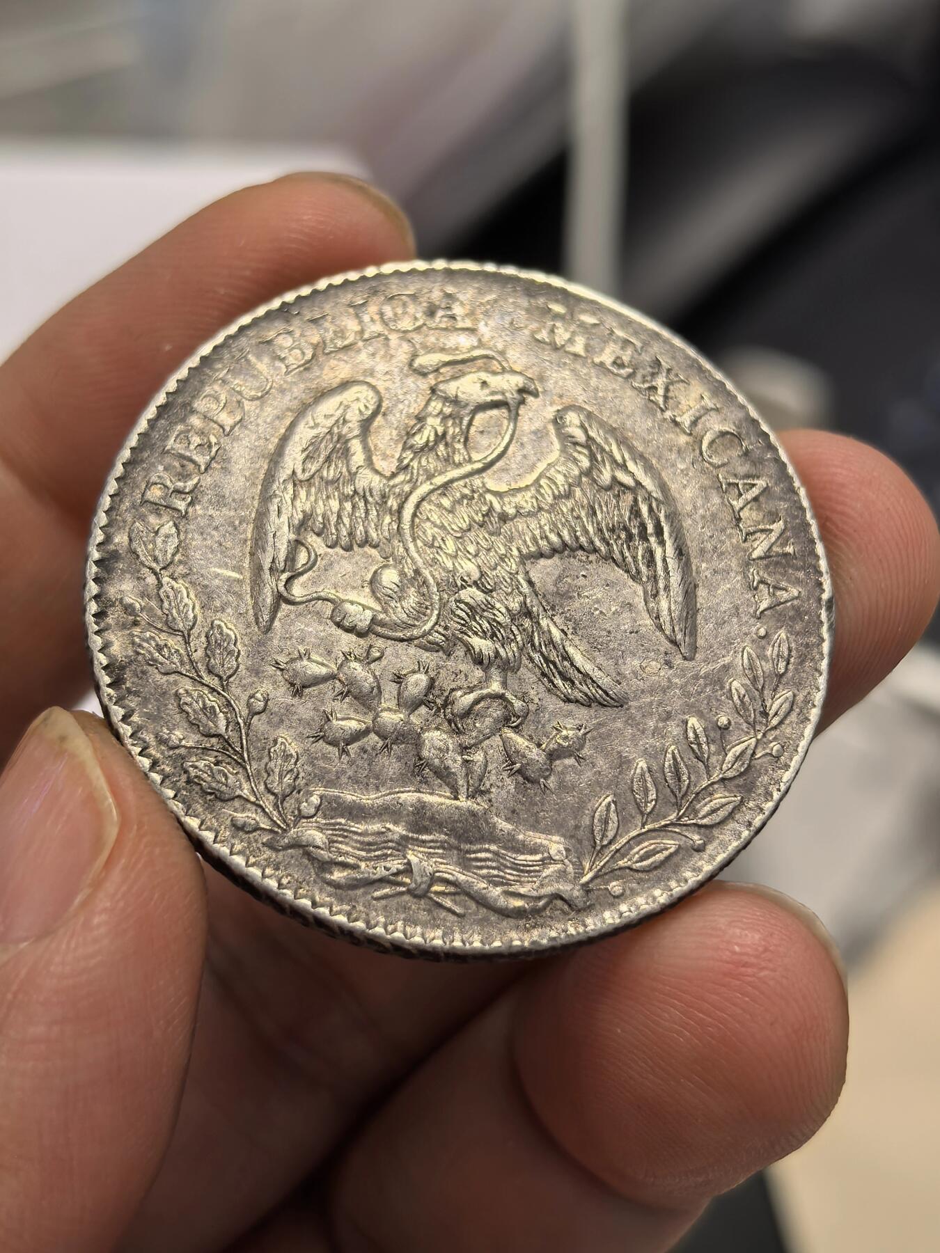 博洋堂世界钱币拍卖第158期（全场包邮） 墨西哥花边鹰洋Mo 1877 MH 8里亚尔 黑油彩包浆