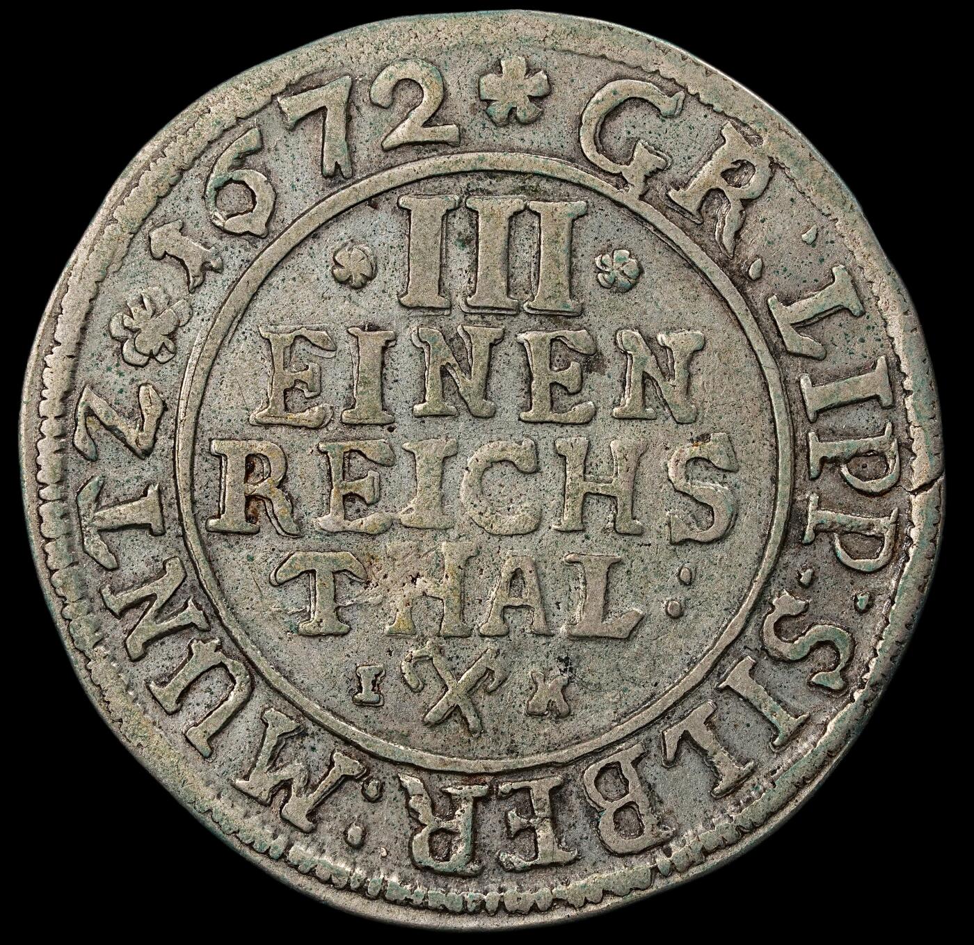 修遠堂世界钱币第102期 1672年利普 - 德特莫尔德亲王国1/3泰勒银币，9.39g