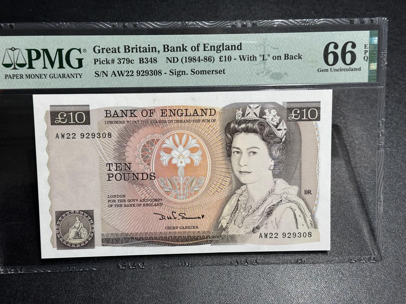 《外钞收藏家》第六百零四期（精品场）（本平台长期征集拍品、欢迎藏友们联系合作） 1984-86年英国E序列10镑 无47尾8 PMG66