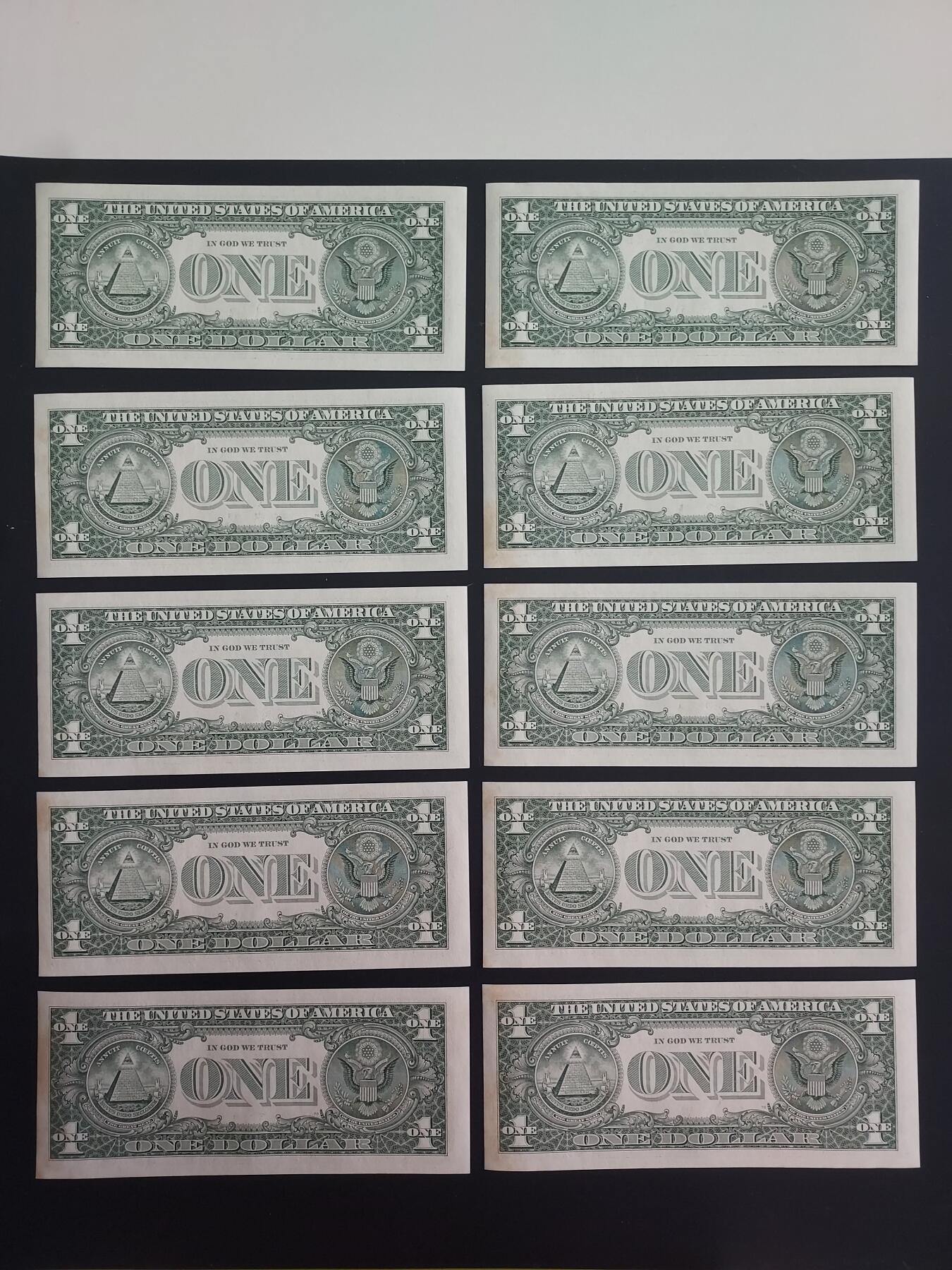 博彦收藏   1月28日 8点 钱币专场 全场包邮 2013美国1美元10连号 UNC 有黄