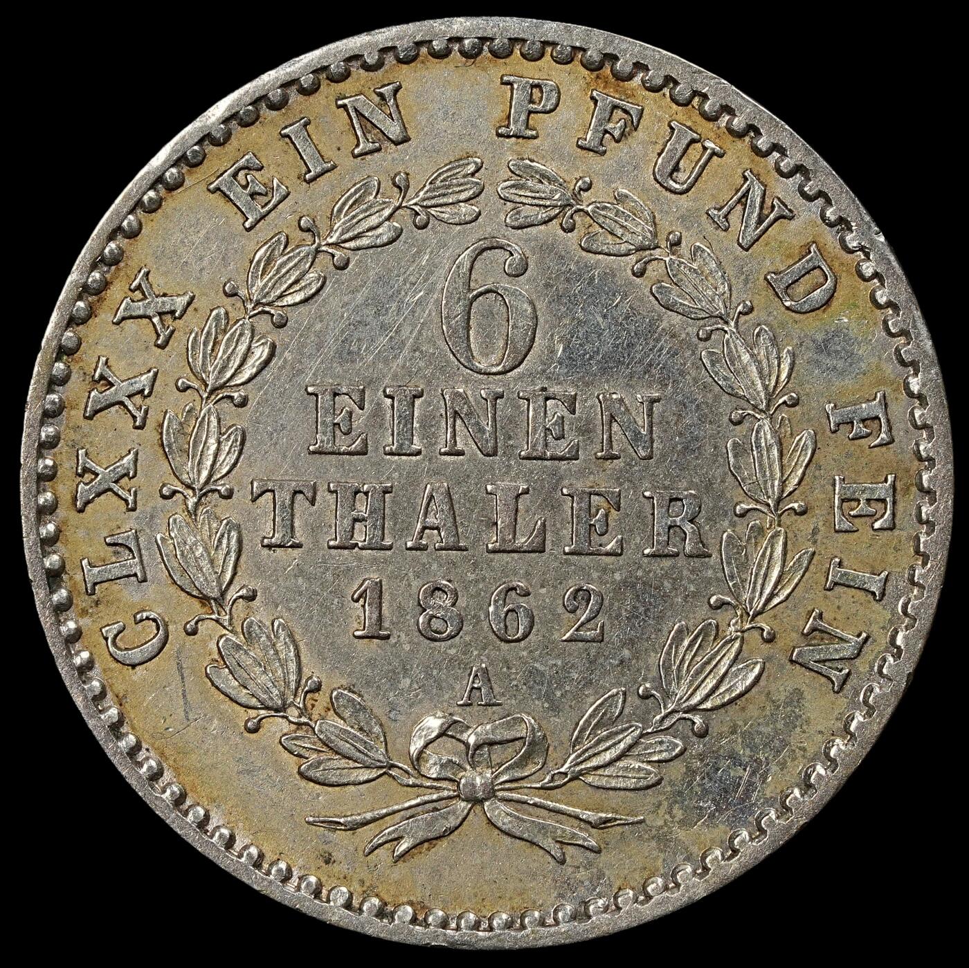 修遠堂世界钱币第102期 1862 年由 安哈尔特 - 贝恩堡公国 1/6 泰勒银币，5.33g