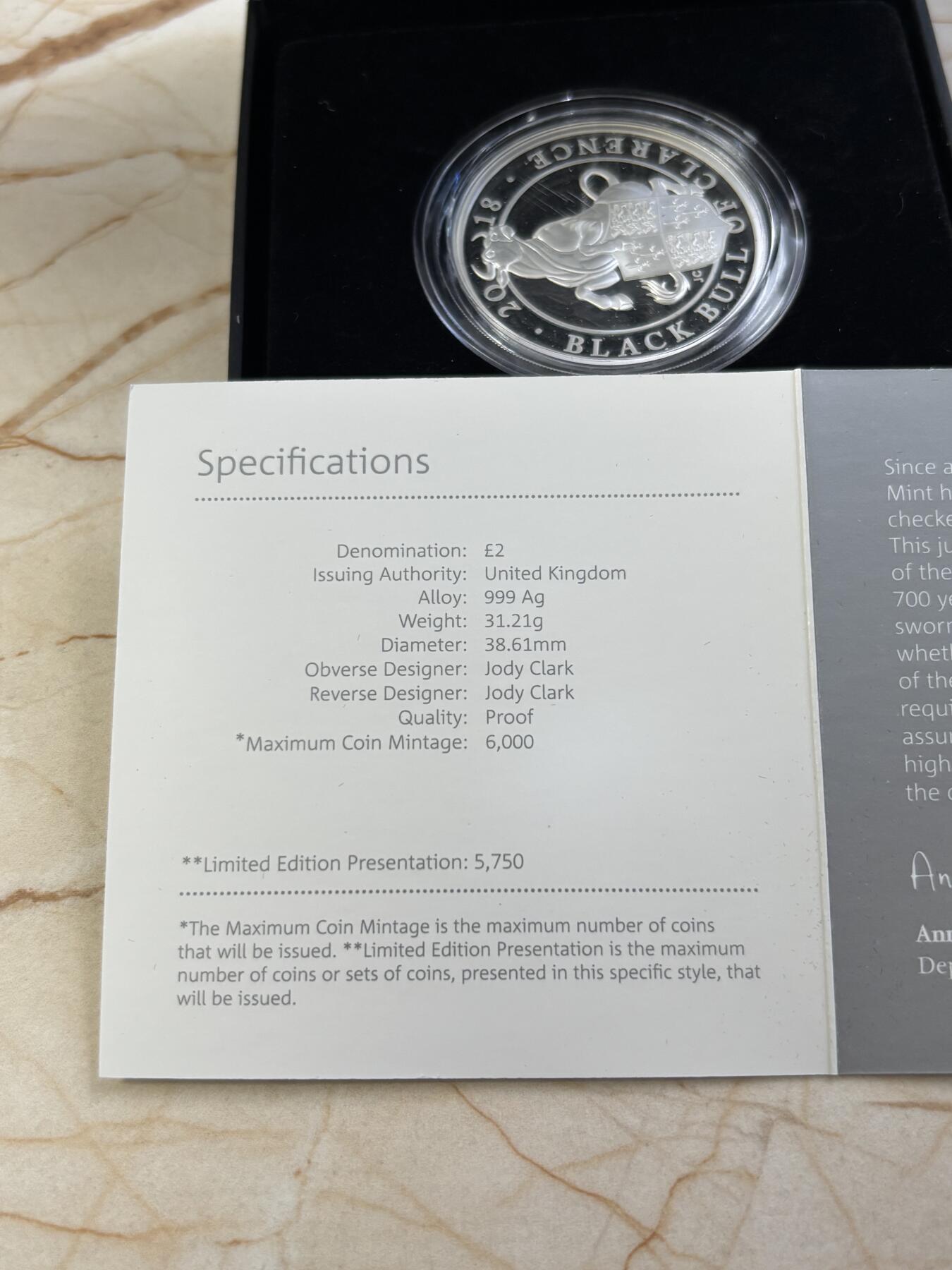 第189期拍卖 英国2018年女王神兽克拉伦斯黑牛1盎司精制银币，999银，发行6000枚