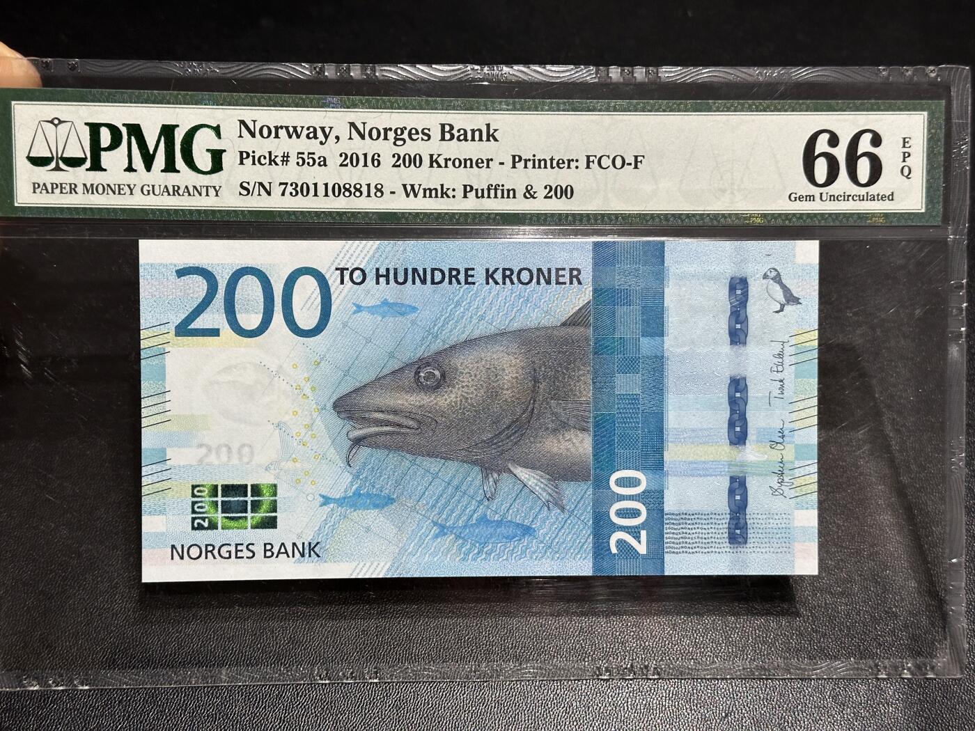 《外钞收藏家》第六百零四期（精品场）（本平台长期征集拍品、欢迎藏友们联系合作） 2016年挪威海洋版200克朗 PMG66 无4靓号 尾8818