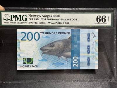 《外钞收藏家》第六百零四期（精品场）（本平台长期征集拍品、欢迎藏友们联系合作） - 2016年挪威海洋版200克朗 PMG66 无4靓号 尾8818