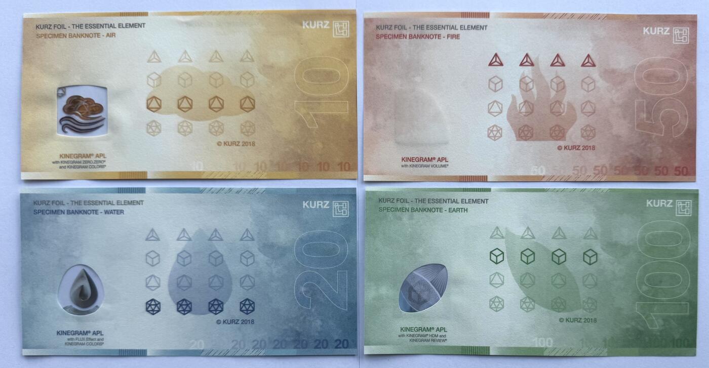 2026第2场（总第229期）：精品测试钞、连体钞综合场 库尔滋KURZ Kinegram APL窗口系列10、20、50、100单位测试钞全套4枚UNC