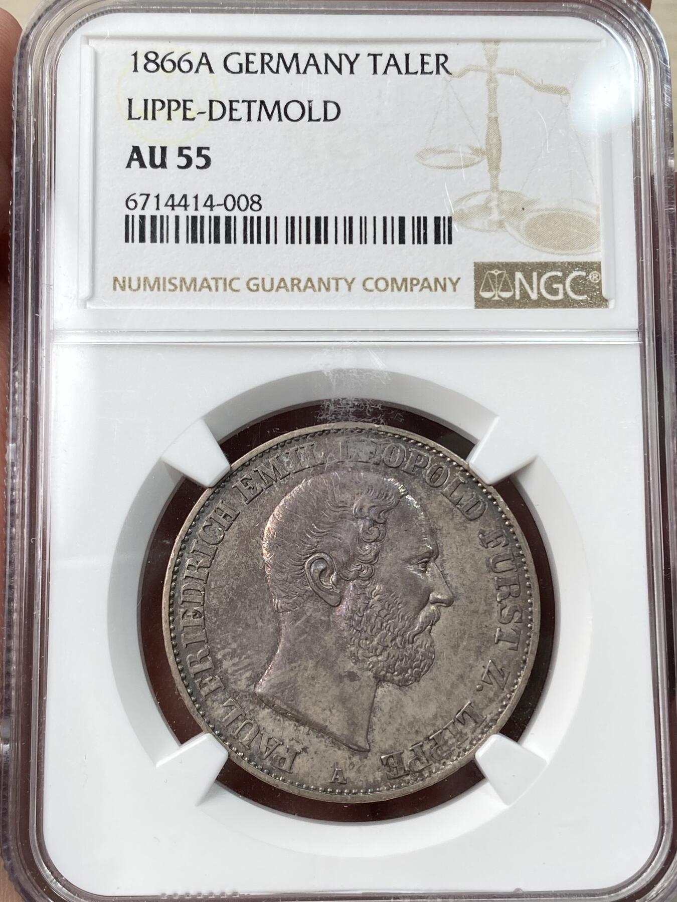 万国钱币拍卖第059期 NGC AU55 1866年德国利普-德特莫尔德盾徽流通1泰勒 稀缺小邦泰勒 18000铸造量 欧陆酱彩极美