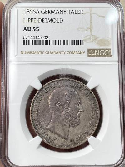 万国钱币拍卖第059期 - NGC AU55 1866年德国利普-德特莫尔德盾徽流通1泰勒 稀缺小邦泰勒 18000铸造量 欧陆酱彩极美