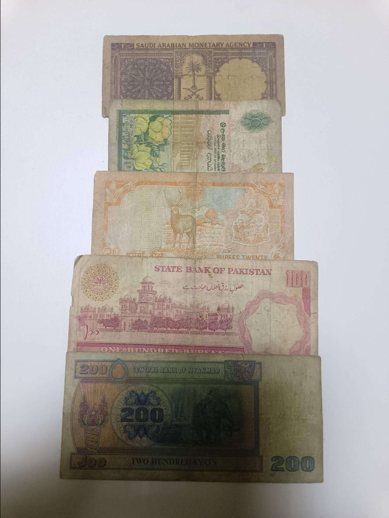 【20260127】非全新纸币和硬币第329场 亚洲国家5张纸币，有裂缝