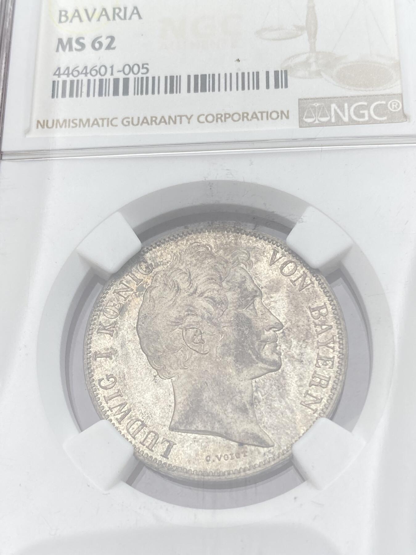 万国钱币拍卖第059期 NGC MS62 1839年德国巴伐利亚路德维希一世1古尔登银币 好品难得的路一流通品种 原味德系淡彩