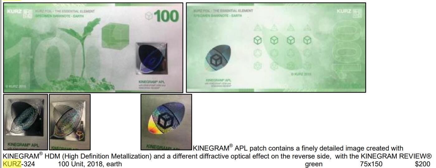 2026第2场（总第229期）：精品测试钞、连体钞综合场 库尔滋KURZ Kinegram APL窗口系列10、20、50、100单位测试钞全套4枚UNC