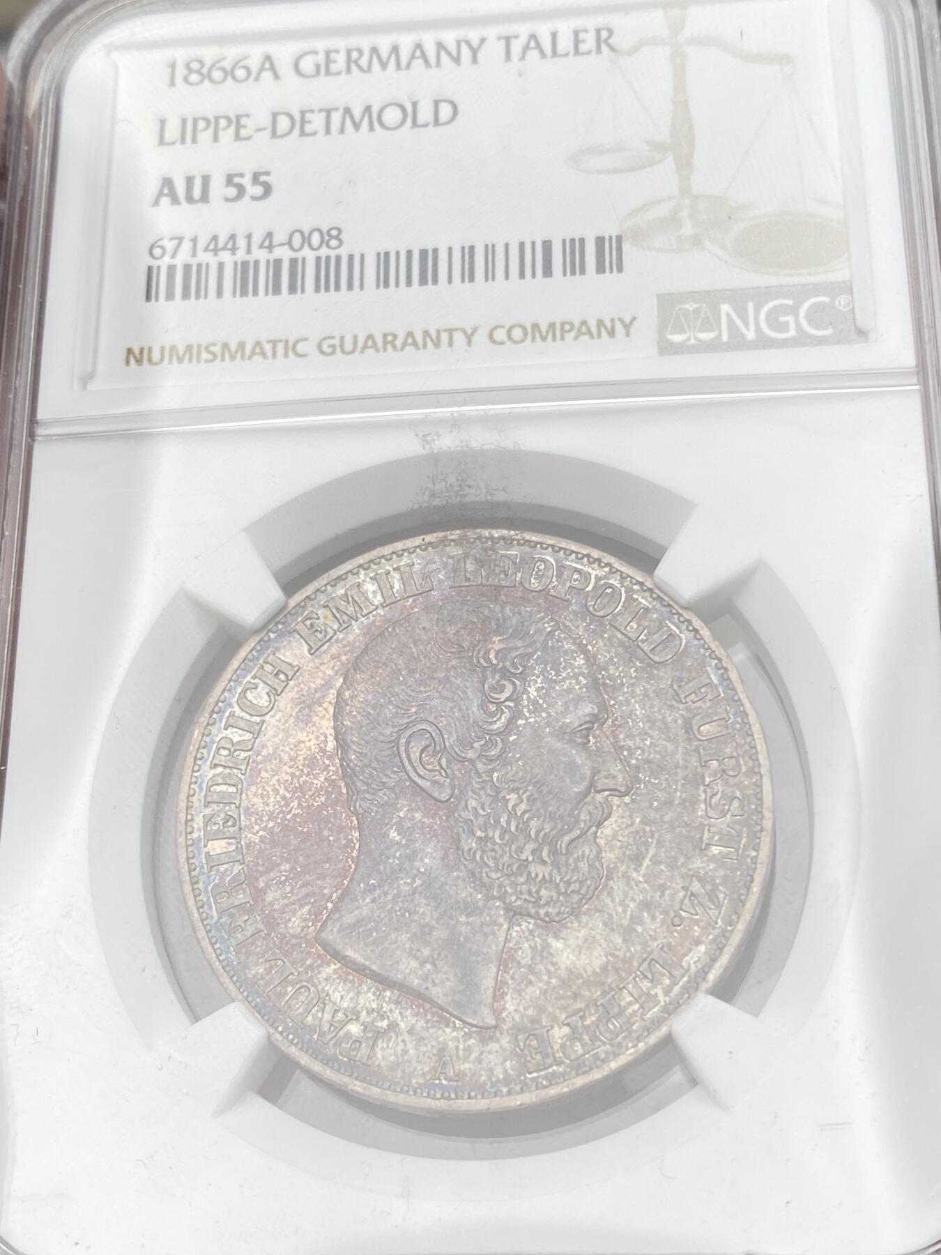 万国钱币拍卖第059期 NGC AU55 1866年德国利普-德特莫尔德盾徽流通1泰勒 稀缺小邦泰勒 18000铸造量 欧陆酱彩极美