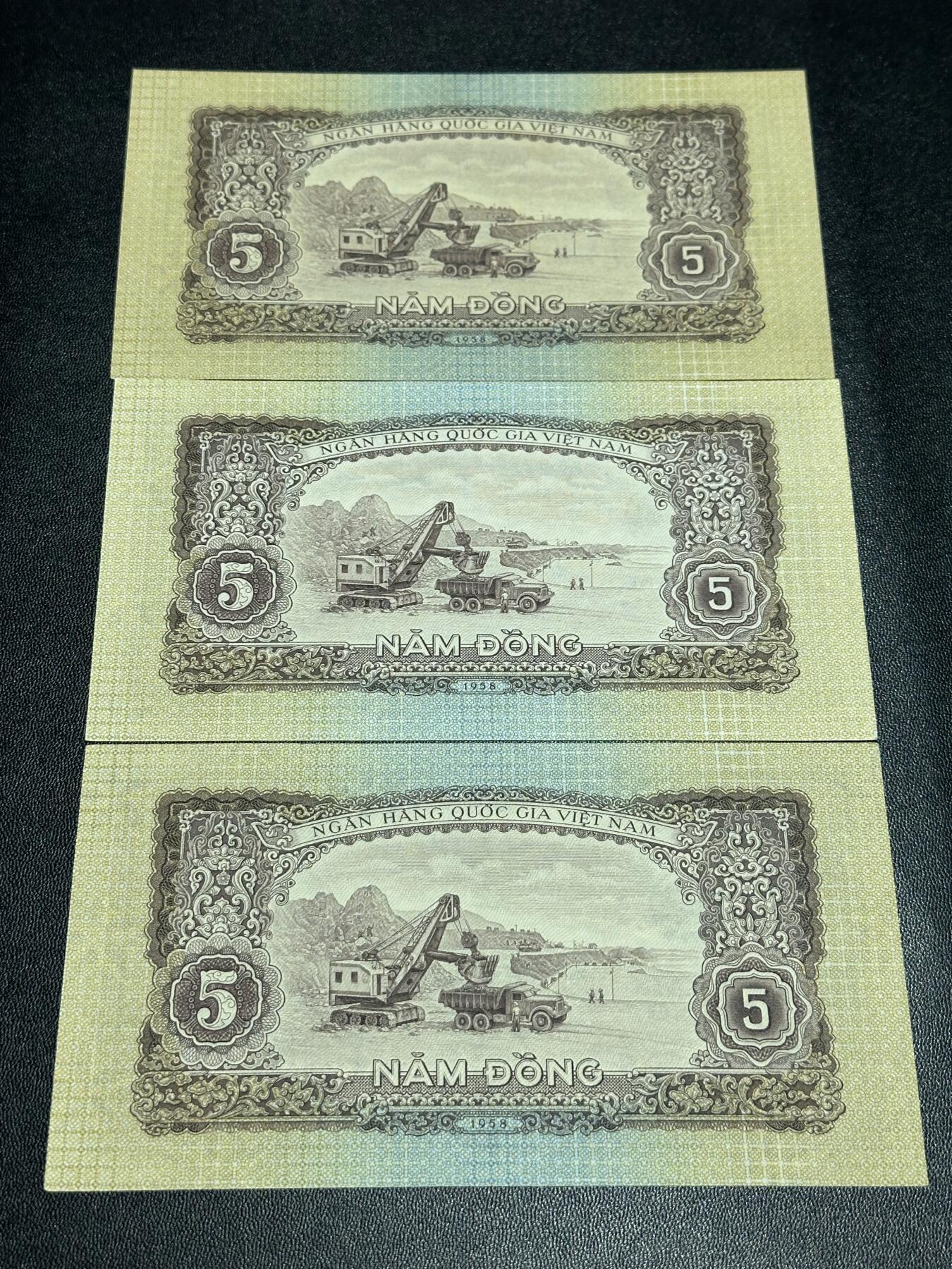 《外钞收藏家》第六百零四期（精品场）（本平台长期征集拍品、欢迎藏友们联系合作） 越南中国代印版5盾 三张一起 全新不绝 部分角不绝