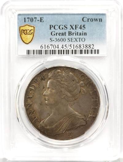 博洋堂世界钱币拍卖第158期（全场包邮） - PCGS XF45 1707年爱丁堡厂英国安妮女王1克朗大银币。极少见的英国克朗大名誉品种，正反两面酱彩，细节相当震撼。同品种50分本周SBP拍了接近18000，类似年份的45分麦稀奇也拍到了13500元，一年比一年贵的高端英系克朗，国内现货请藏家把握机会