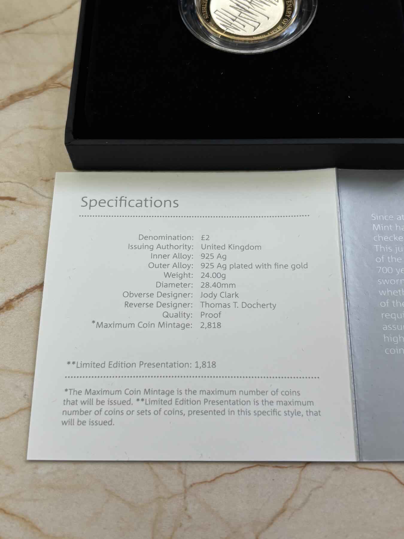 第189期拍卖 英国2018年科学怪人2镑双色加厚精制纪念银币，925银镀金，24克，发行1818枚