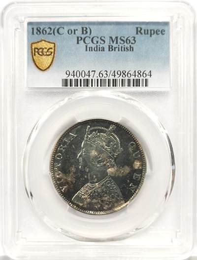 博洋堂世界钱币拍卖第159期（全场包邮） - PCGS MS63 英属印度1862年维多利亚1卢比银币，黑彩包浆