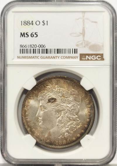 博洋堂世界钱币拍卖第158期（全场包邮） - NGC MS65 美国1884年O版摩根大银币，正面环彩，背面金色包浆，状态出众