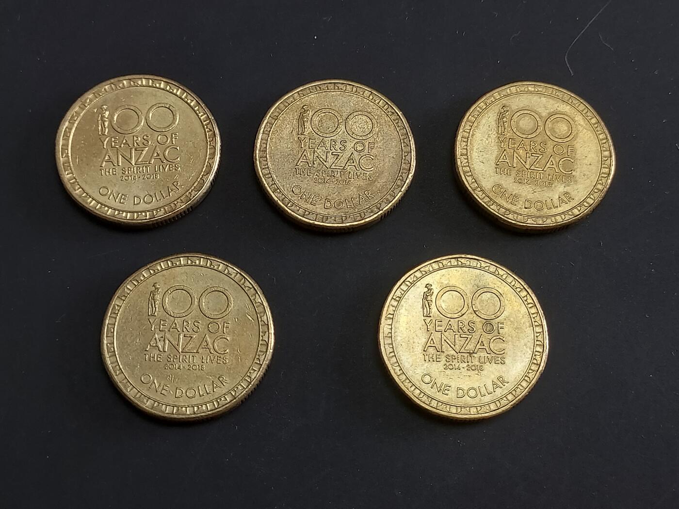 博彦收藏   1月28日 8点 钱币专场 全场包邮 澳洲 2014-2018 澳纽军团纪念币1元 5枚