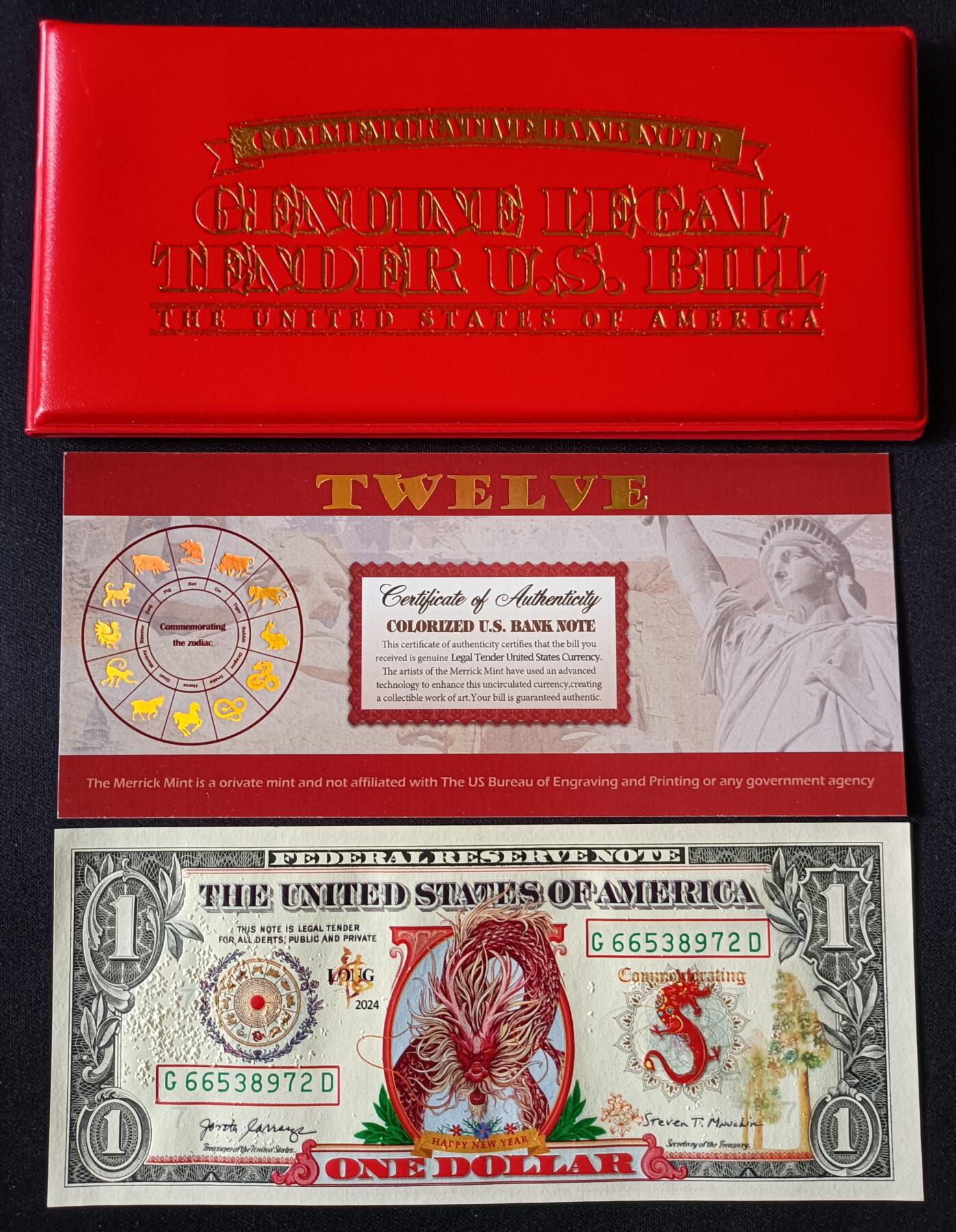 【游宝包邮场】乙巳蛇年第111期 周六集拍 美国-1美元【彩色加印钞 龙年 带册装】