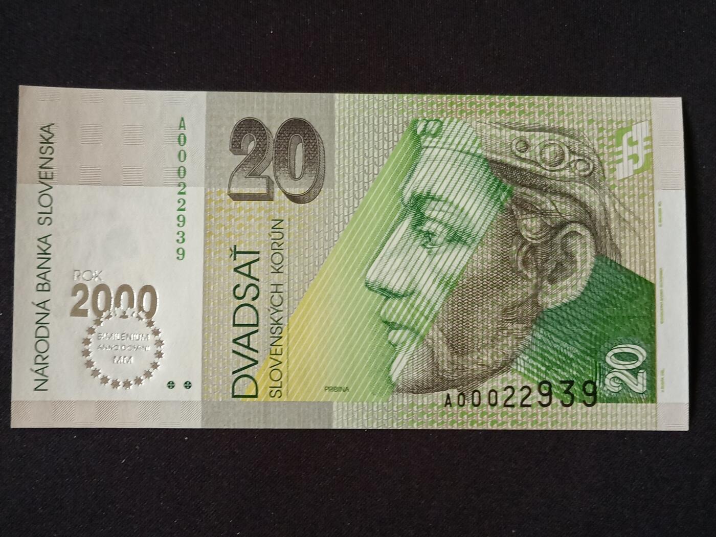【游宝包邮场】乙巳蛇年第111期 周六集拍 斯洛伐克-20克朗【2000年纪念钞 A00022939全新UNC】