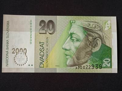 【游宝包邮场】乙巳蛇年第111期 周六集拍 - 斯洛伐克-20克朗【2000年纪念钞 A00022939全新UNC】