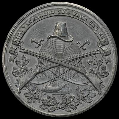修遠堂世界钱币第102期 -  1865 年在不莱梅-德意志邦联第二届全国射击节纪念锡章，39.85mm，25.81g
