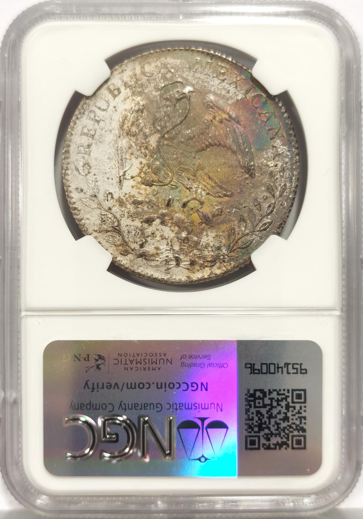 博洋堂世界钱币拍卖第158期（全场包邮） NGC MS62 墨西哥1897年ZS FZ版花边鹰洋，鹰面绚丽彩虹包浆