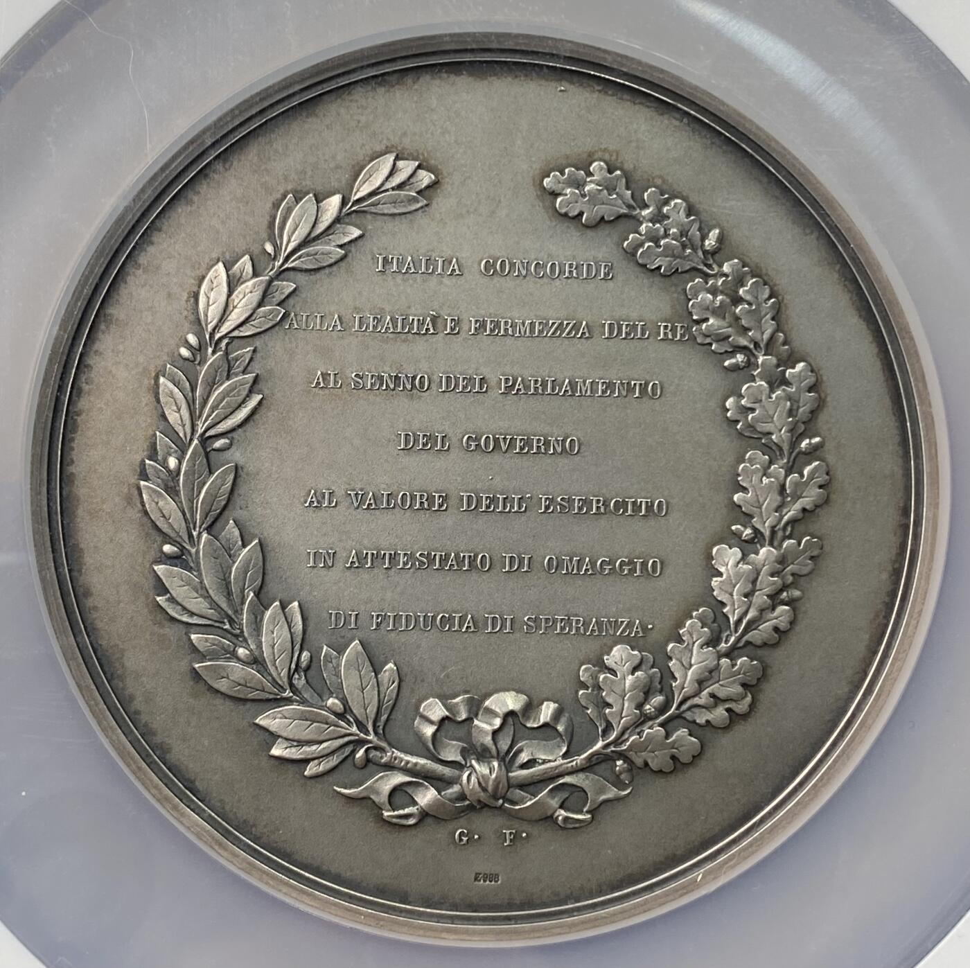 万国钱币拍卖第059期 NGC MS64 1859年意大利维托里奥·埃马努埃莱二世议会开幕纪念大银章 布拉姆巴造币厂铸 巨型72.2MM 181.44G 持盾天使代表萨伏依 意大利女神向国王献上桂冠 铭文曰“我们对意大利各地向我们呼喊的痛苦之声并非无动于衷/1859年议会开幕“  背面（意大利团结一致）/向国王的忠诚与坚定/向议会的智慧/向政府/向军队的英勇致敬/以表达敬意/信任与希望