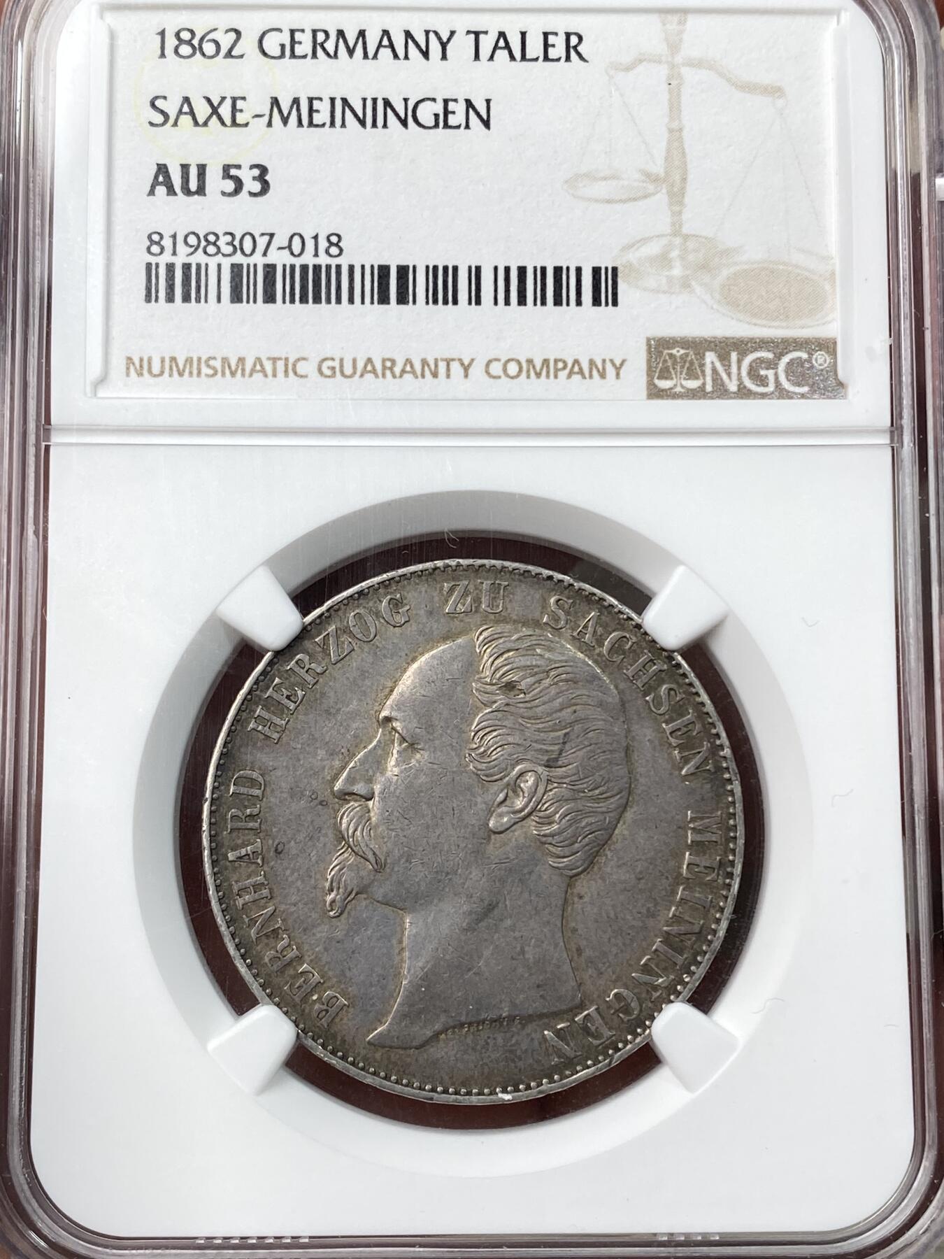 万国钱币拍卖第059期 NGC AU53 1862年德国萨克森-梅宁根纹章流通1泰勒 高难小邦品种 典型欧洲酱彩包浆