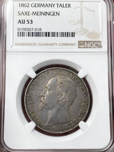 万国钱币拍卖第059期 - NGC AU53 1862年德国萨克森-梅宁根纹章流通1泰勒 高难小邦品种 典型欧洲酱彩包浆