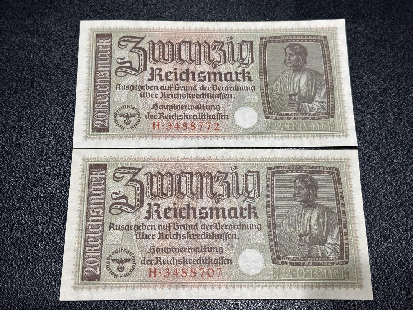 《外钞收藏家》第六百零四期（精品场）（本平台长期征集拍品、欢迎藏友们联系合作） 1945年德国20马克 近全新 边有点瑕疵