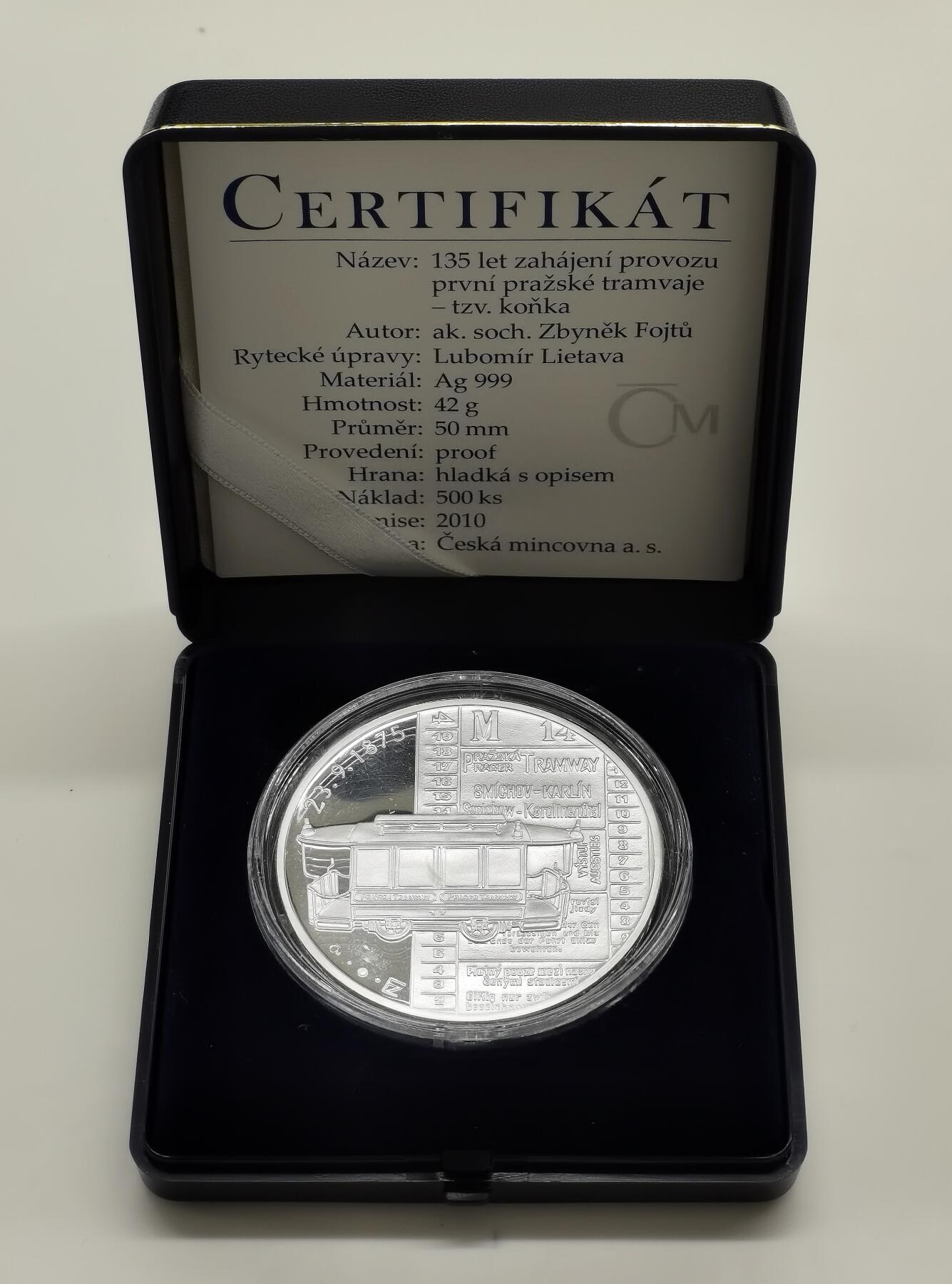 博洋堂世界钱币拍卖第158期（全场包邮） 捷克2010年有轨电车运营135周年精制纪念银币，42克999银，发行量仅500枚，盒证全