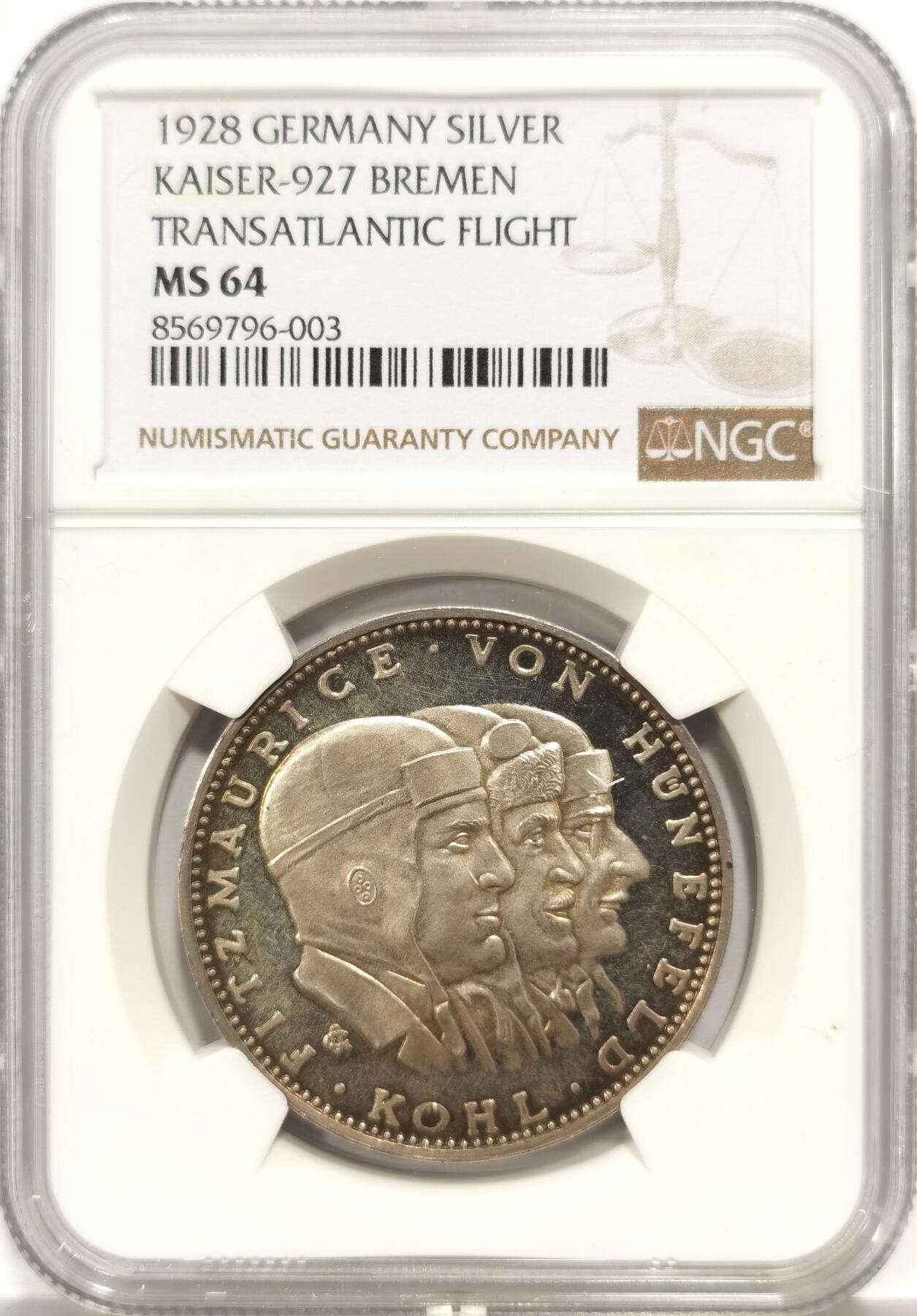 博洋堂世界钱币拍卖第158期（全场包邮） NGC MS64 德国1928年不莱梅号首次越飞大西洋航班 纪念大银章，类似PL的底板，状态极佳！