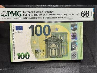 《外钞收藏家》第六百零四期（精品场）（本平台长期征集拍品、欢迎藏友们联系合作） - 2019年三签100欧元 PMG66 豹子号666
