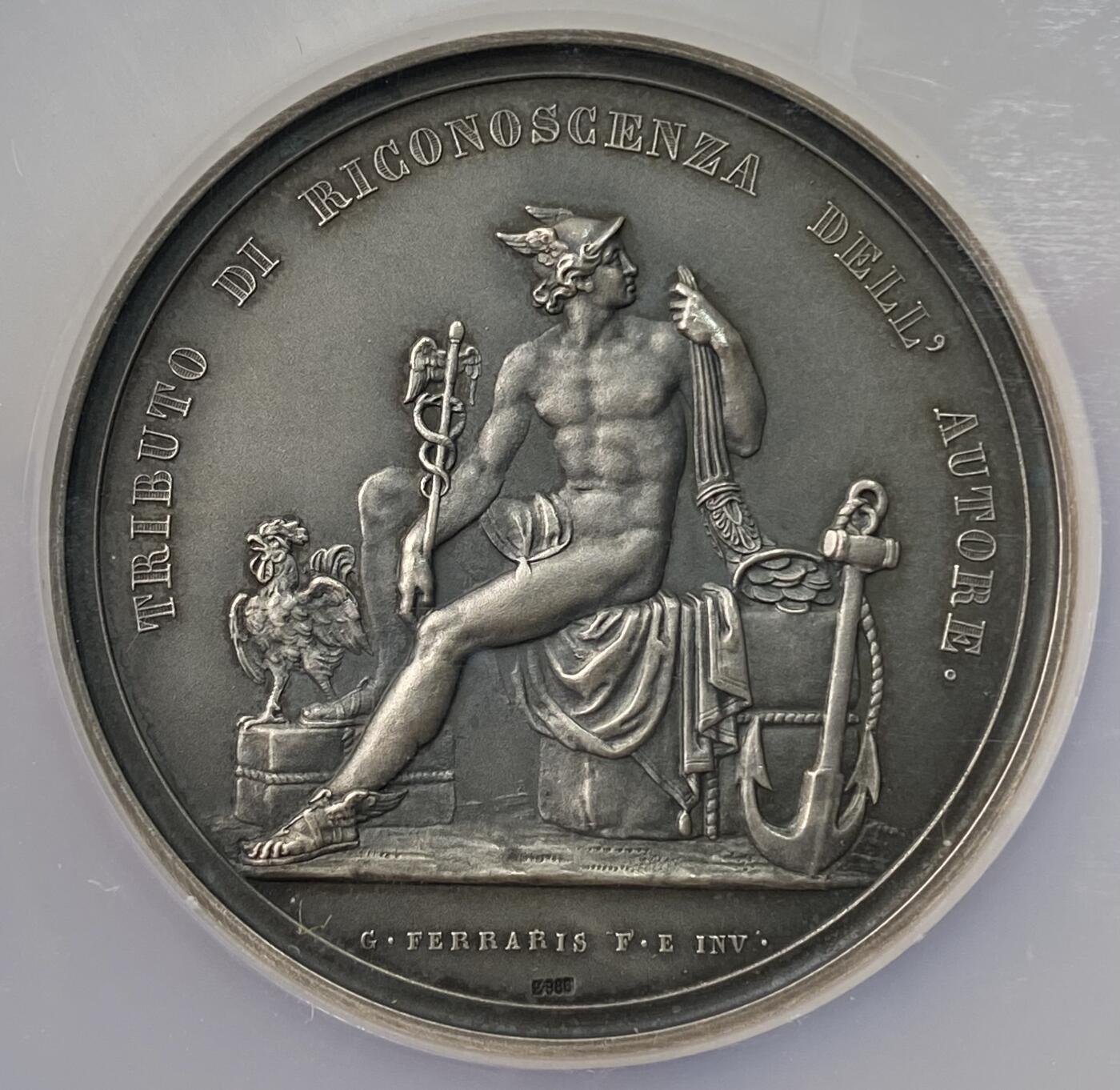 万国钱币拍卖第059期 NGC MS64 20世纪意大利乔瓦尼·安东尼奥大银章 50mm大规格 Ferraris作品 商业之神赫尔墨斯手持墨丘利之杖与装满钱币的丰饶角斜坐在货物之上 罕见品种