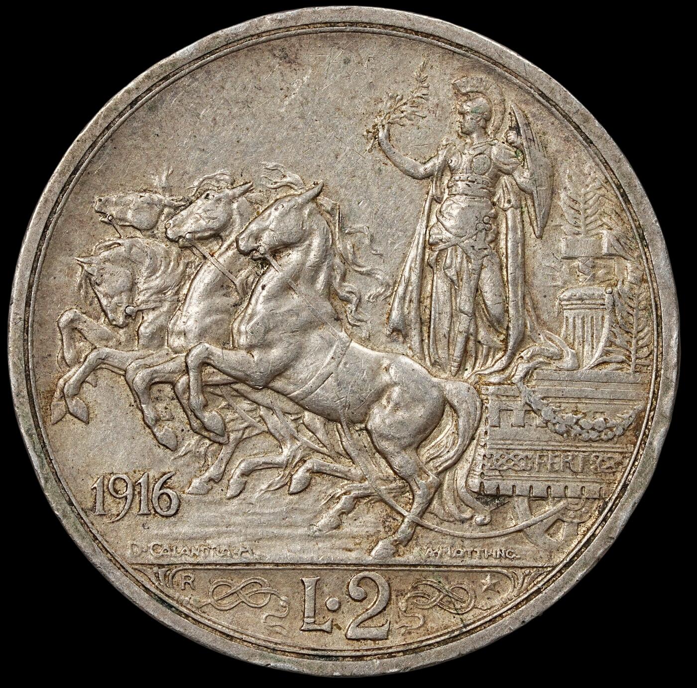 修遠堂世界钱币第102期 1916年意大利马车2里拉银币，9.96g，含银80%