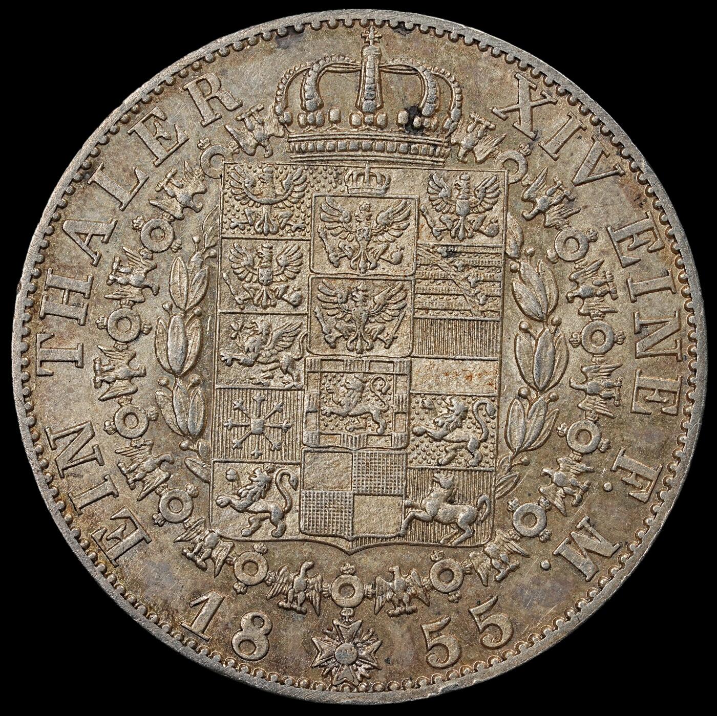 修遠堂世界钱币第102期 1855年普鲁士1泰勒银币，带转光，22.24g