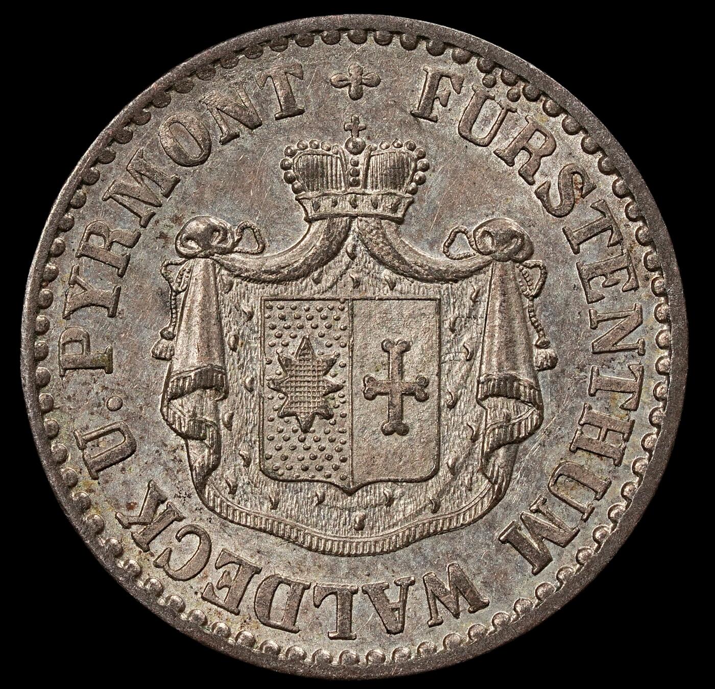 修遠堂世界钱币第102期 1867 年 瓦尔德克 - 皮尔蒙特亲王国（Fürstentum Waldeck und Pyrmont） 1 银格罗申银币，2.22g