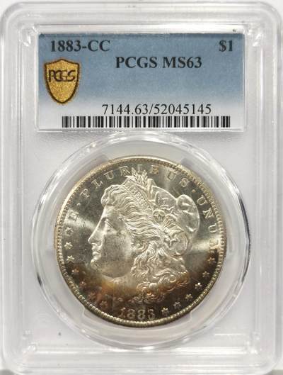 博洋堂世界钱币拍卖第158期（全场包邮） - PCGS MS63 美国1883年CC版摩根大银币，稀少卡森厂，绚丽月牙彩虹包浆，背面卡槽有一小磕