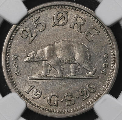 修遠堂世界钱币第102期 - NGC AU58 1926年格陵兰25欧尔