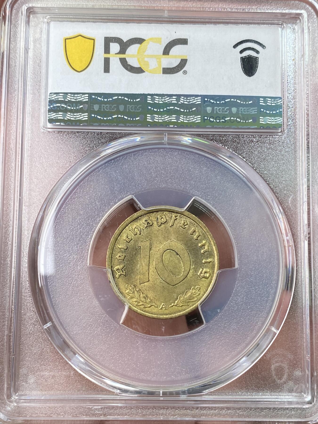 万国钱币拍卖第059期 PCGS MS64 1939年德国民族社会主义工人党10芬尼铜币 金光顶级品质（原图请私信后台或自行查询官网）