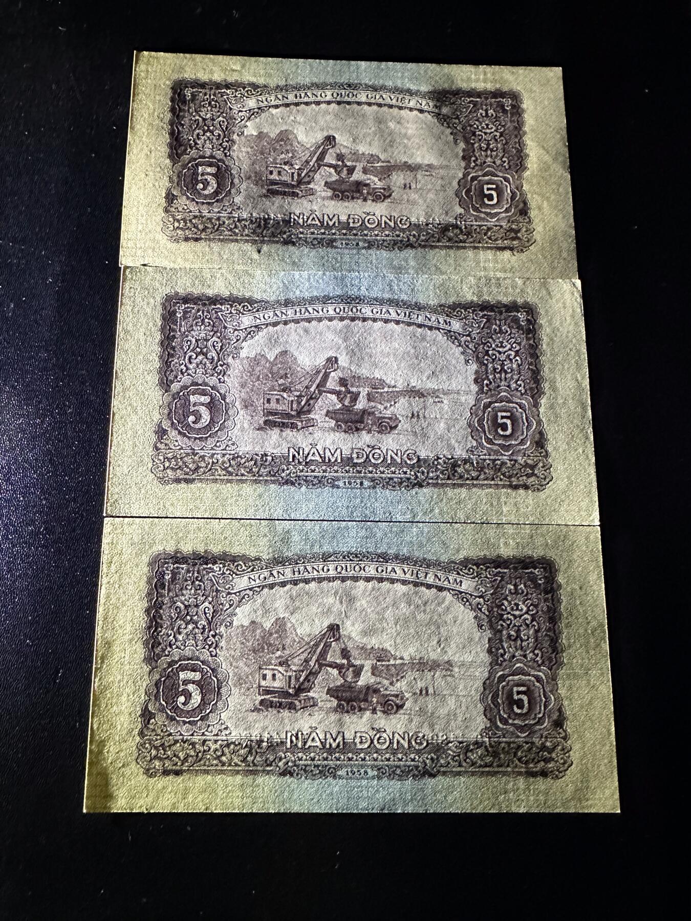 《外钞收藏家》第六百零四期（精品场）（本平台长期征集拍品、欢迎藏友们联系合作） 越南中国代印版5盾 三张一起 全新不绝 部分角不绝