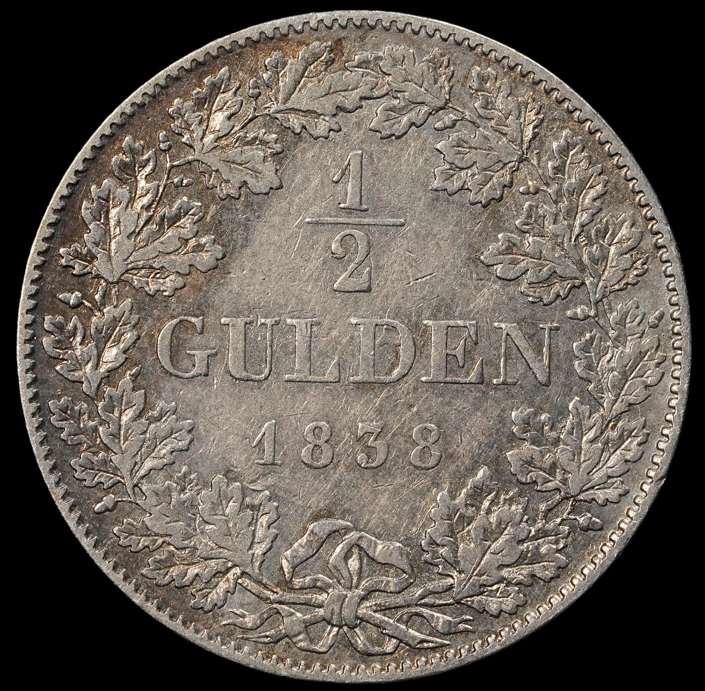 修遠堂世界钱币第102期 1838年巴伐利亚1/2古尔登银币，5.17g